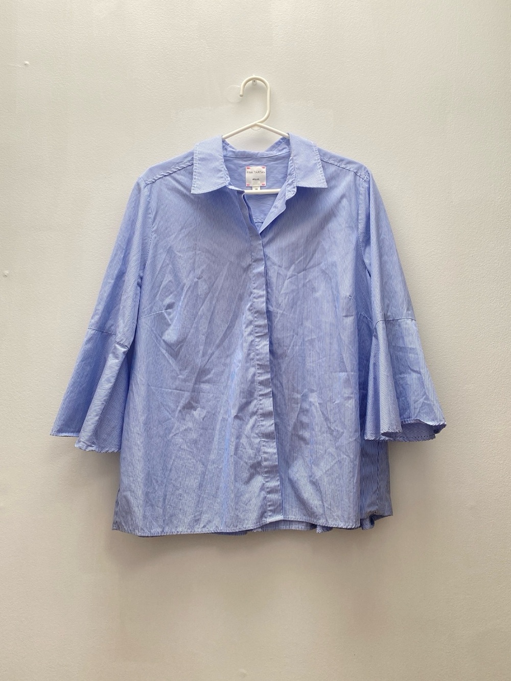 Pink Tartan - 3/4 Sleeve Peplum Back Light Blue Striped Button-Front Shirt